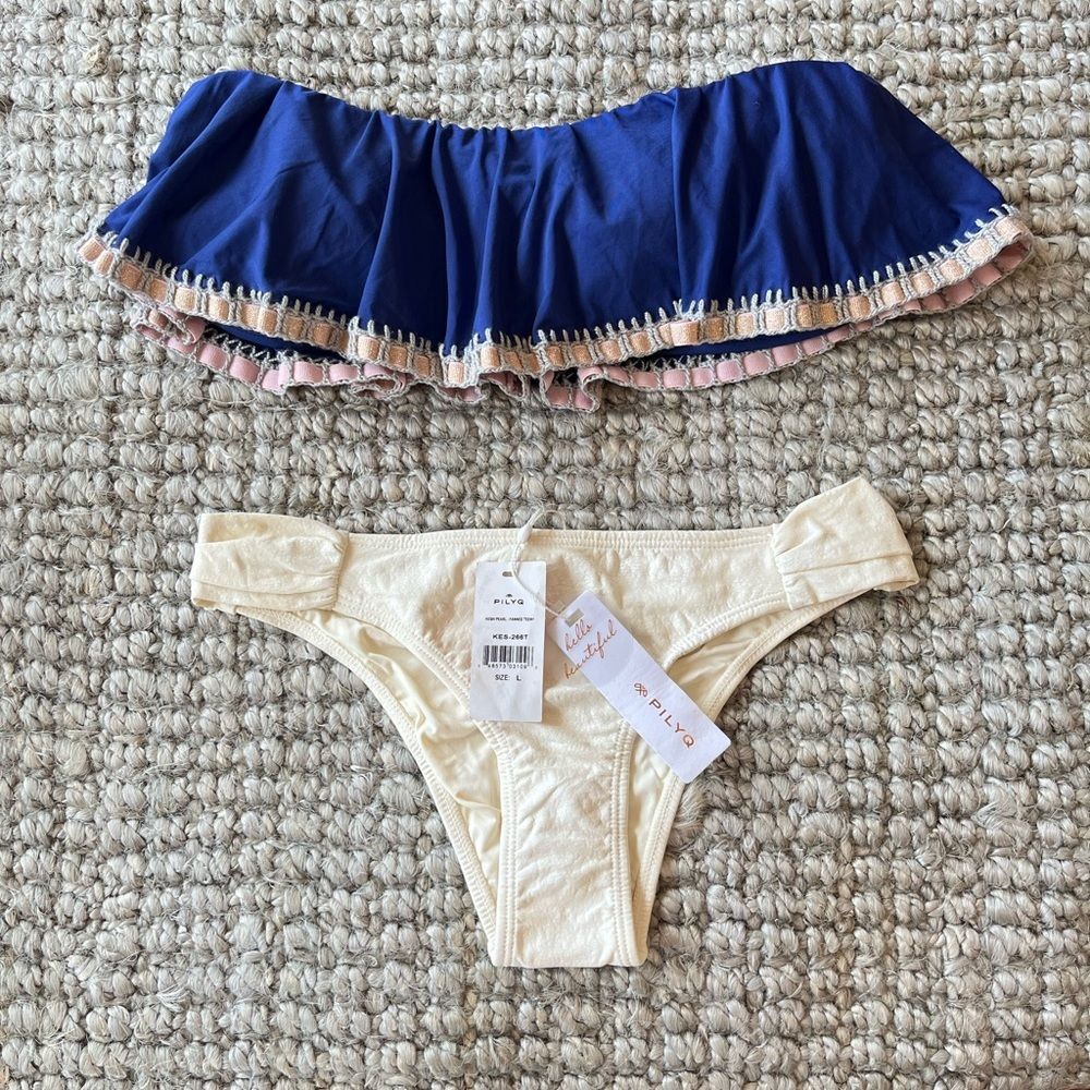 Nwt Anthropologie Pilyq Keshi Pearl Fanned Ruffle Blue Strapless Swim Bikini
